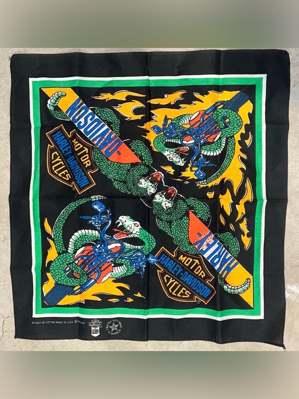 Harley-Davidson Vintage Black Bandana with Green & Yellow Snake Graphics